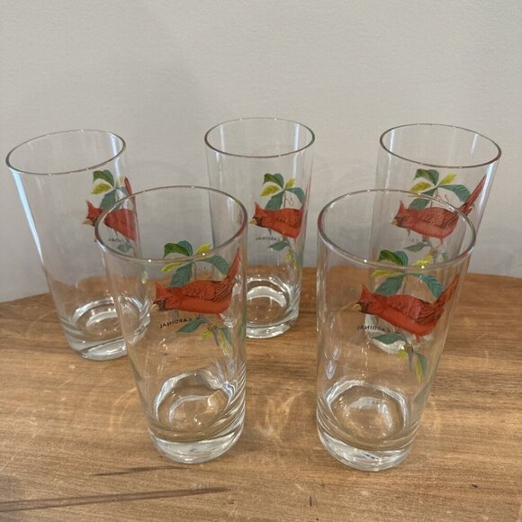 West Virginia Glass Set of 5 Glasses Cardinal Song Bird Painted 6.5 in Tall - Picture 3 of 7